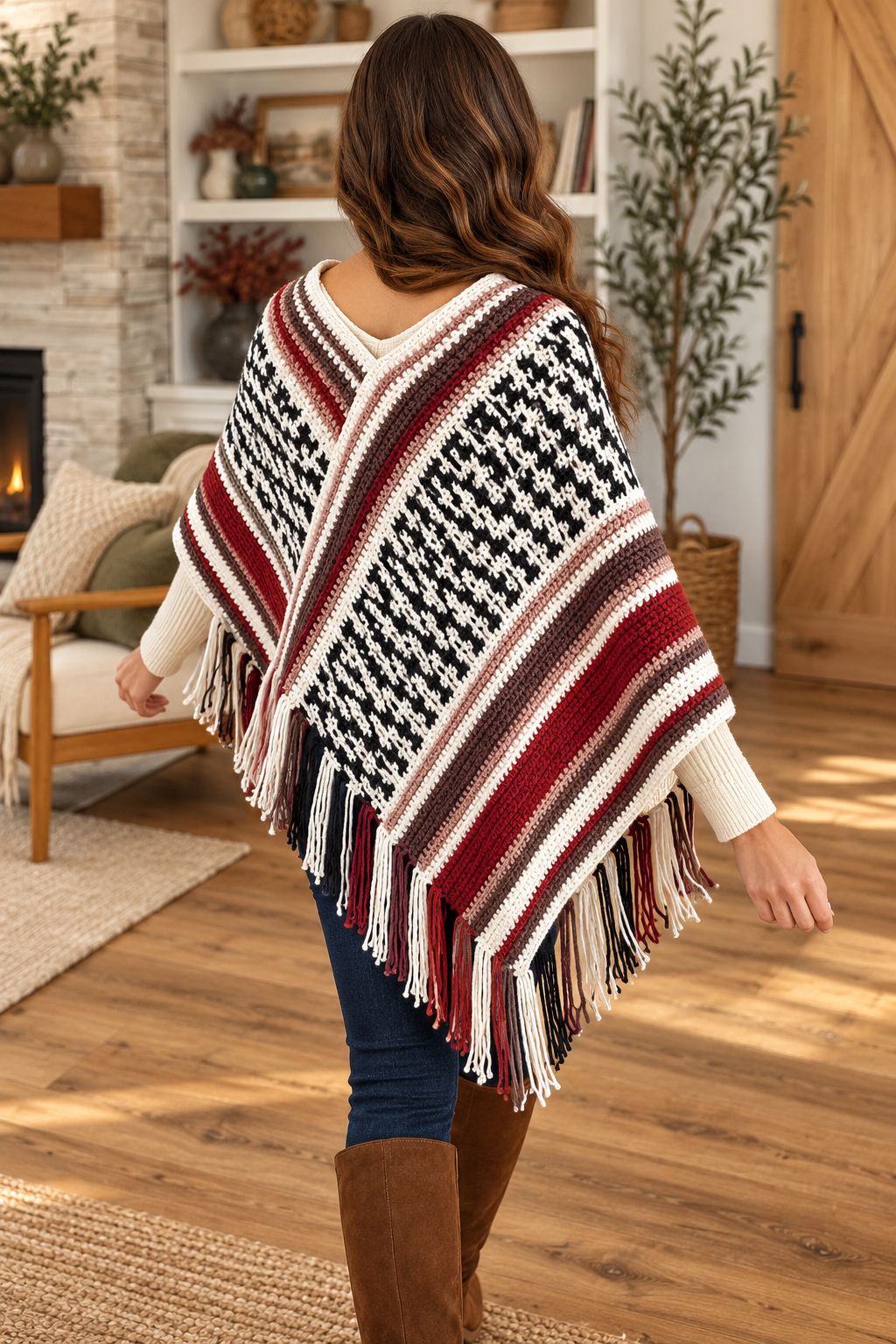 geometric crochet poncho back with relaxed fringe