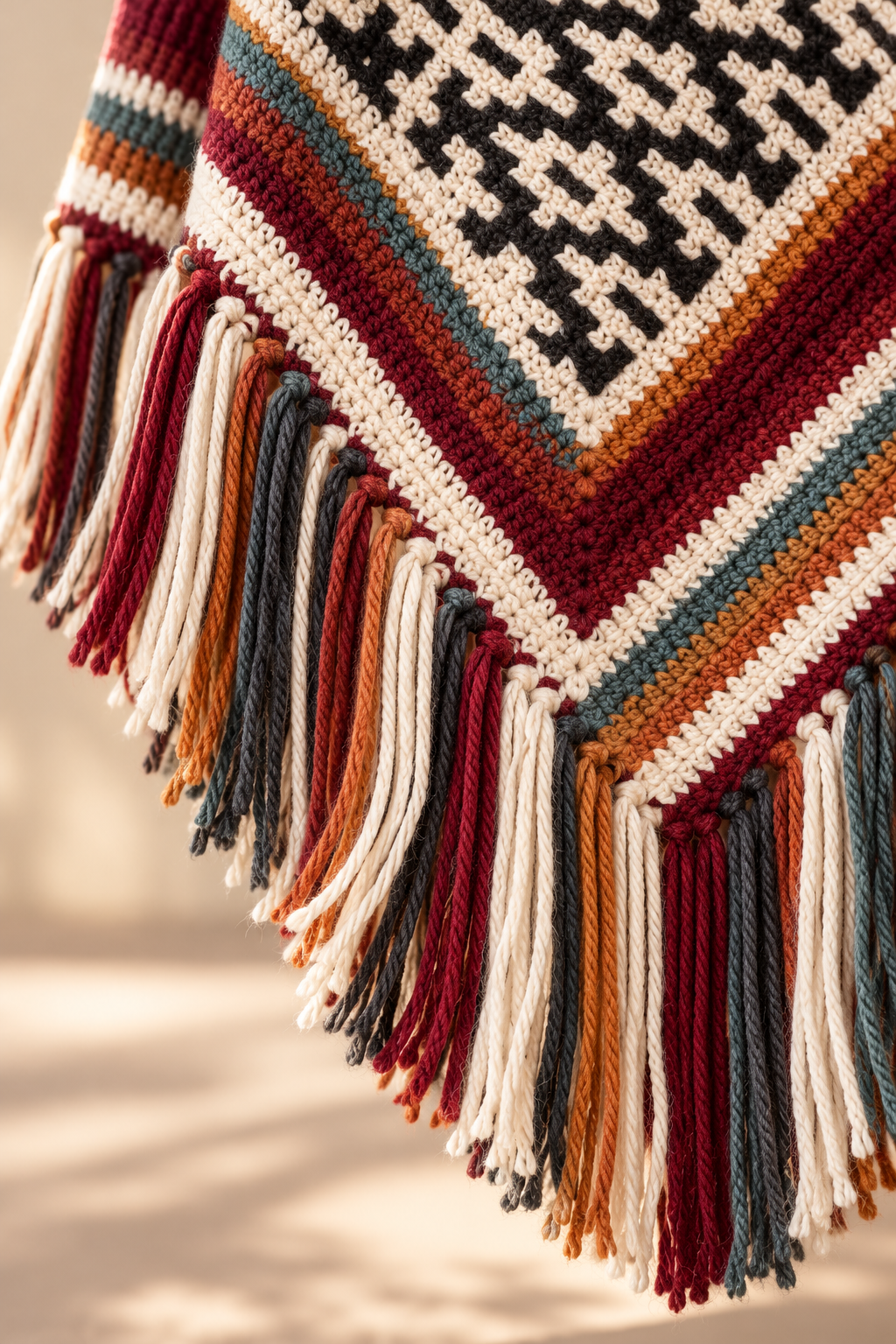 long fringe finishing a mosaic crochet poncho hem