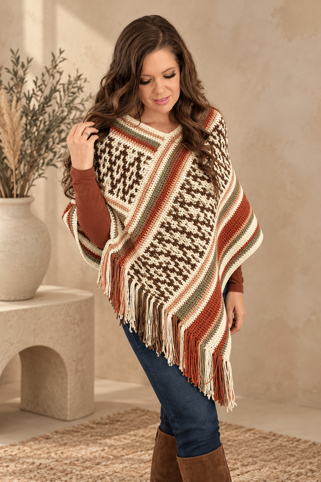 mosaic crochet poncho with geometric colorwork and fringe