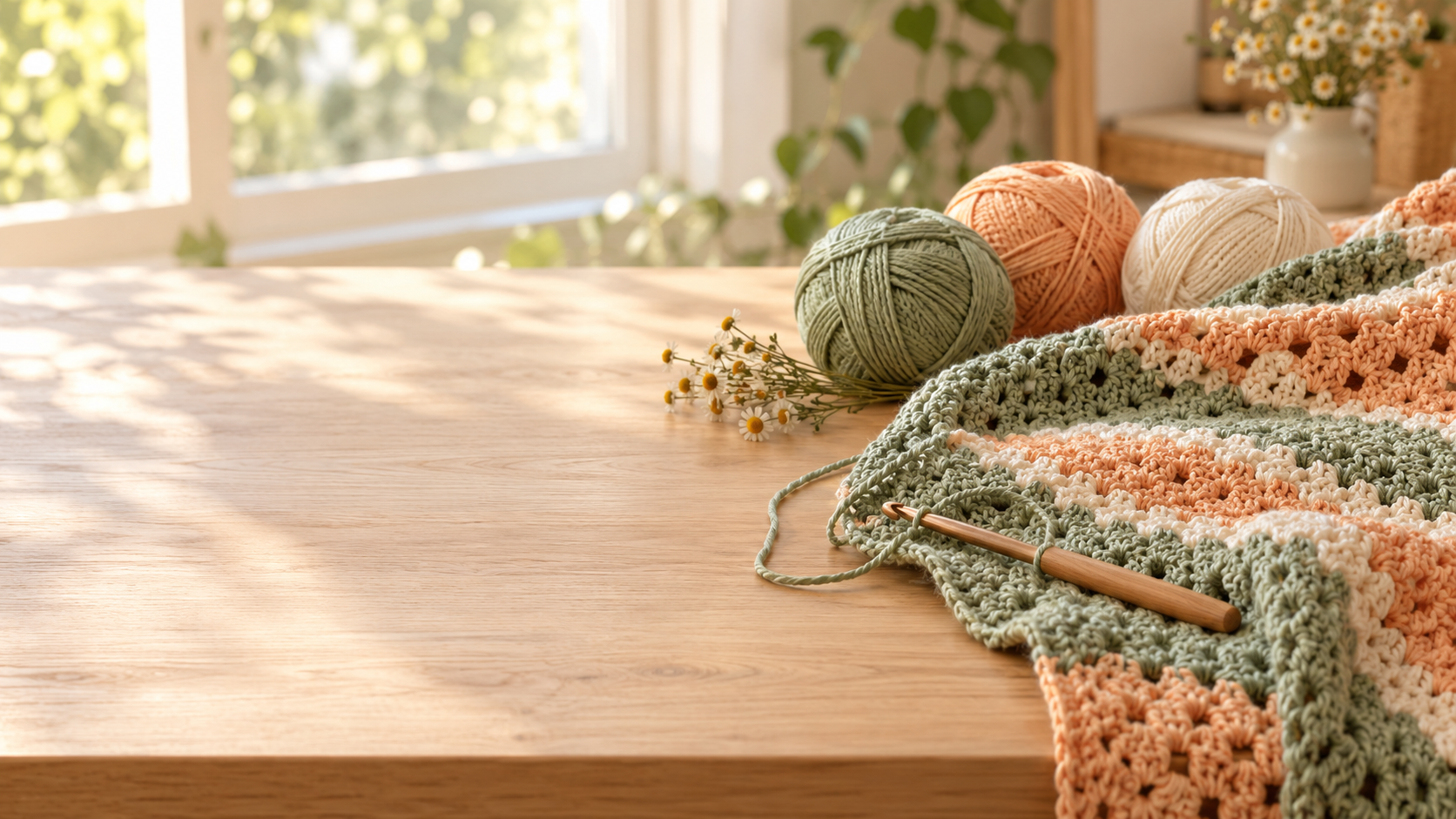 Hands crocheting a textured granny-square blanket