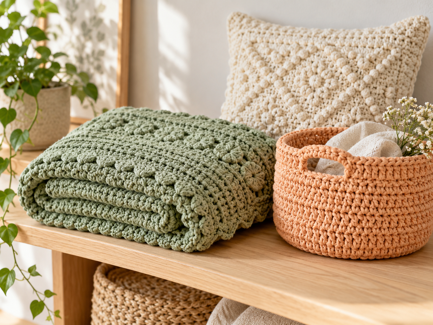 Finished crochet garments, accessories, blanket, and home decor
