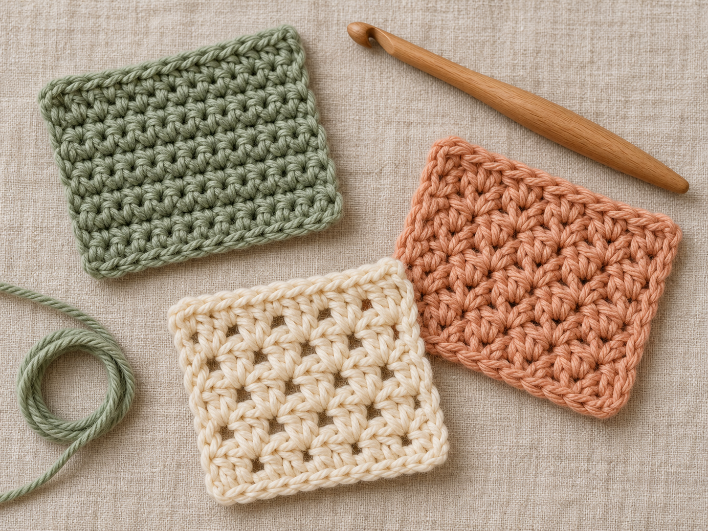 Crochet stitch swatches, yarn, hooks, and tools